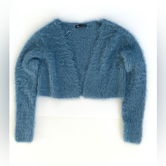Zara Sweaters - Zara Fuzzy Blue Cropped Cardigan Sweater Size Medium